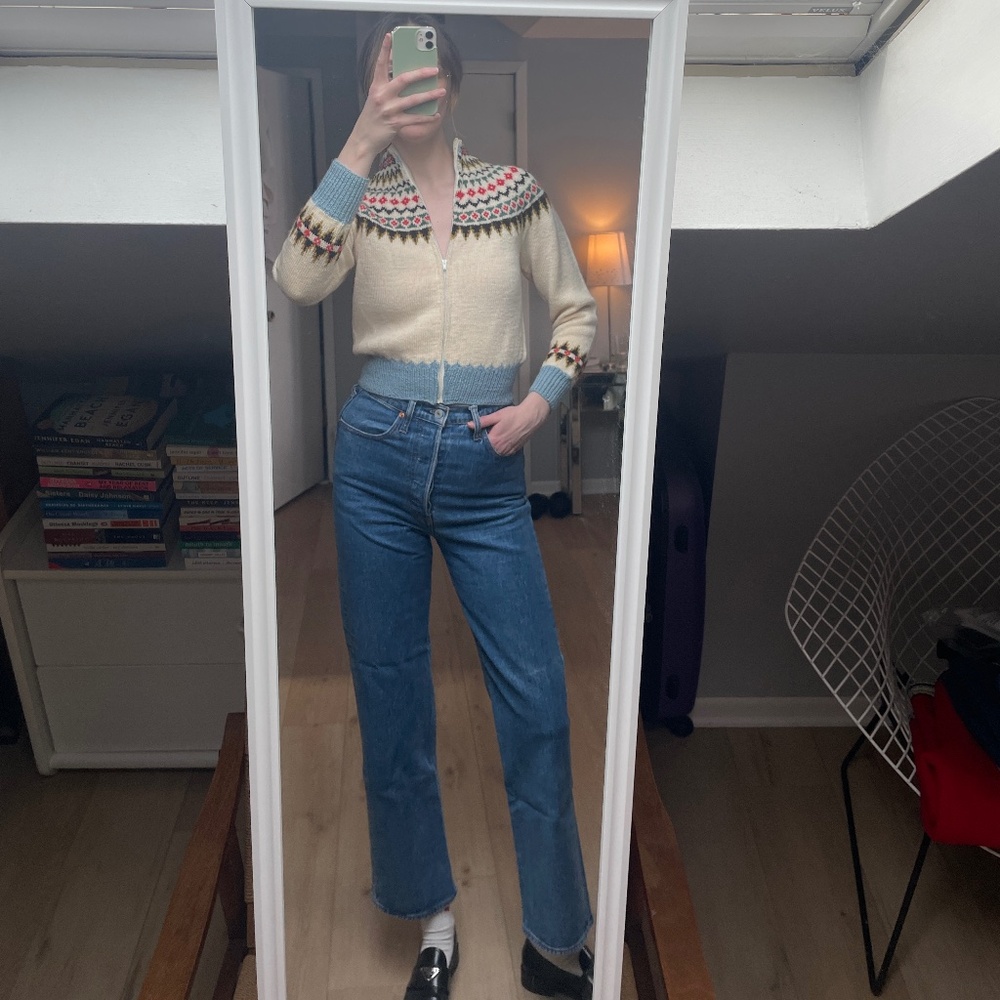 Vintage 70s Norwegian Wool Zip-Up Fair Isle Sweater - Picture 2 of 6